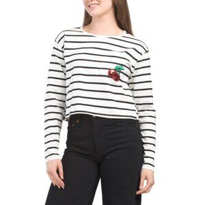 MADDEN GIRL Black/white Drop Shoulder Long Sleeve Tee With Embroidered Cherries